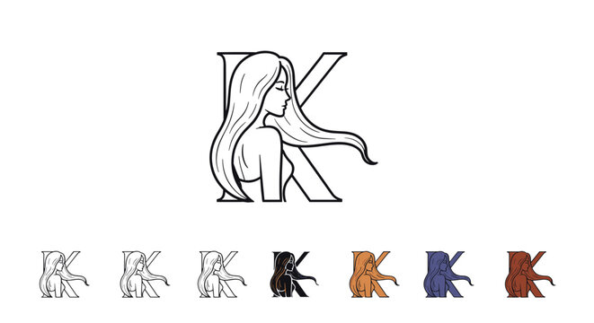 Elegant letter K logo design featuring a stylized profile of a woman with flowing hair, presented in a modern, minimalist line art style with multiple color variations for versatile branding and - Powered by Adobe