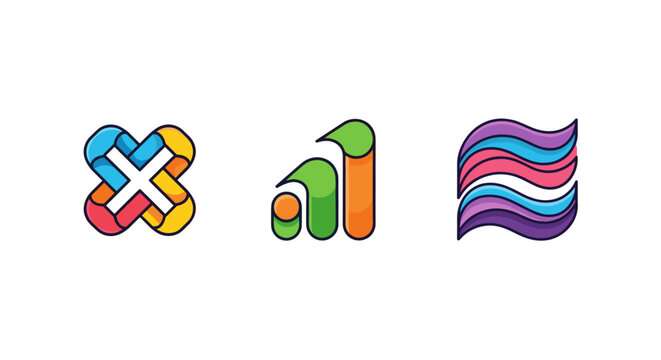 A collection of three abstract, colorful, and modern logo designs presented on a black background, featuring a stylized 'X' shape, a bar graph-like icon, and wavy stripes, perfect for branding and