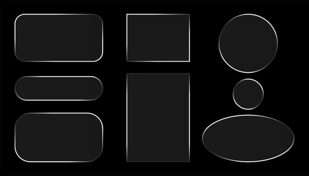 Dark Glass Frames Set PNG: Chrome Bordered Black Geometric Shapes & Buttons for UI/UX Design Assets