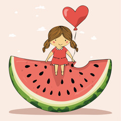 braided girl sitting on watermelon with heart balloon in pastel sky, summer storybook girl on fruit slice with balloon; summer-themed greeting cards, postcards, and party invitations