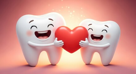 Happy cartoon teeth holding red heart against glowing background