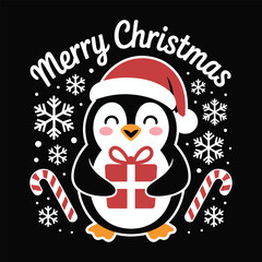 Penguin holding christmas gift with candy canes and snowflakes merry christmas