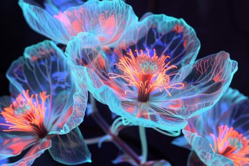 Bioluminescent flowers with glowing neon petals and stamens creating a captivating otherworldly scene