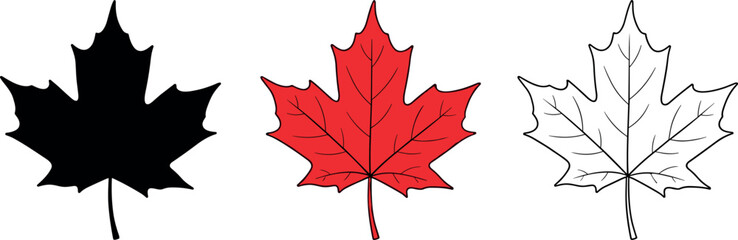 Three distinct Canadian maple leaf illustrations, representing national identity, in black, red, and outline styles