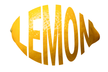 Word “Lemon” filled with lemon peel texture, isolated on transparent background.