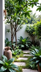 Minimalist Garden with Greenery and Sculptural Accents