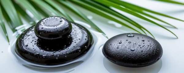Wet Spa Stones with Palm Leaves Water