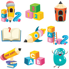 This vibrant image features a variety of educational tools, including blocks, pencils, books, and more, designed to engage children in playful learning experiences.
