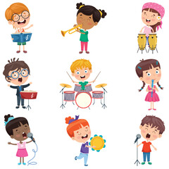 This vibrant image captures children joyfully playing different musical instruments, fostering creativity and teamwork while enjoying the power of music in a group setting.