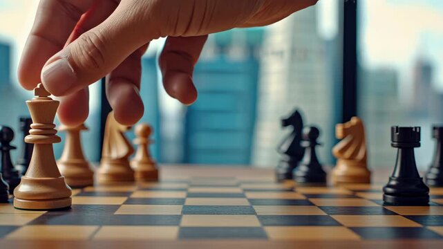 Strategic move with hand on chessboard, wooden piece and king nearing checkmate focus, planning, and competition build calm tension in daylight scene