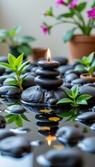 Zen Still Life with Candle Plants and Water Elements