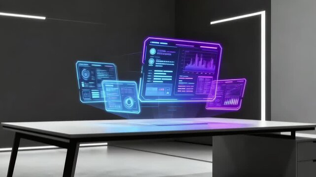 A hologram of a virtual interface hovers above the table.