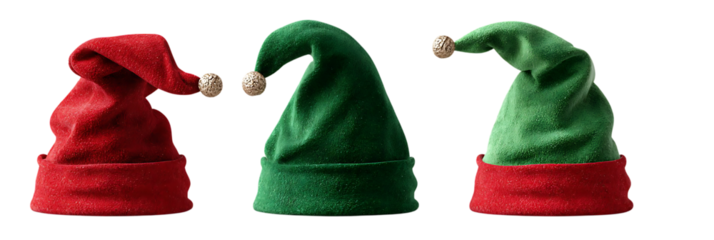 Three elf hats in red and green isolated on transparent background