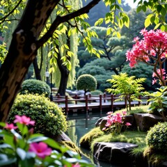 Tranquil Japanese Garden Scene with Lush Greenery