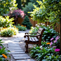Tranquil Garden Path with Wooden Bench