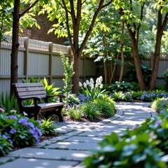 Peaceful Garden Path with Wooden Bench