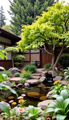Serene Japanese Garden with Small Pond and Lush Plants