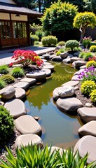 Serene Japanese Garden with Small Pond and Lush Vegetation