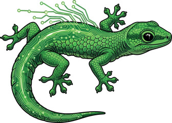 Naklejka premium Green gecko with circuit board pattern a vector illustration for technology and nature concepts isolated on white