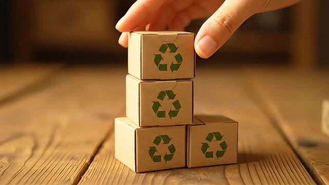 Hand stacking small cardboard boxes with recycling symbol, promoting environmental awareness