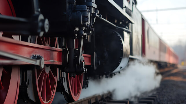 Experience the thrill of vintage rail travel with this steam locomotive, its wheels a blur of red and black against the backdrop of a misty landscape. Relive history's journey.
