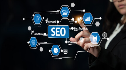 A business professional engages with digital graphics, showcasing strategies for SEO and data mining. This image highlights modern marketing techniques for online growth. Tessel