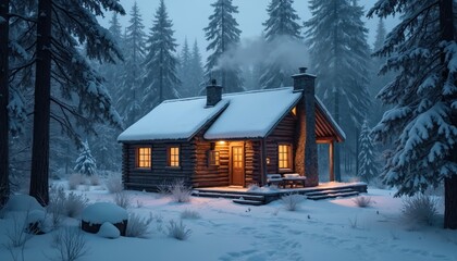 Rustic log cabin stands in quiet snowy winter forest. Smoke rises from chimney, showing warmth inside. Golden light glows from windows, porch, creating cozy evening atmosphere. Isolated home serene.