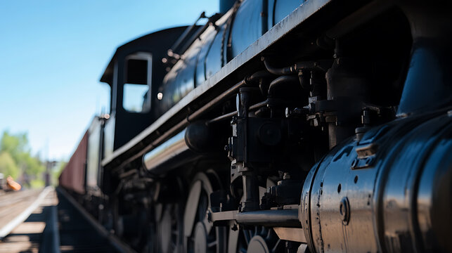 A vintage steam locomotive stands ready, a testament to the golden age of rail.  Its intricate machinery gleams in the sun, a symbol of power and nostalgic charm. Classic!