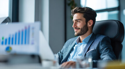 Young business man working computer data results happy successful office