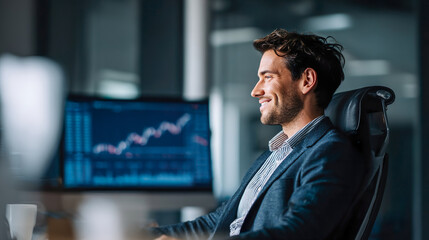 Young business man working computer data results happy successful office