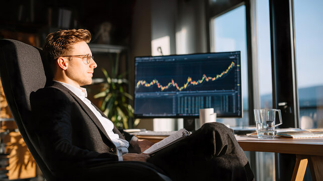 Young business man working computer data results happy successful office - Powered by Adobe