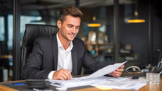 Young business man working looking papers data results happy successful office