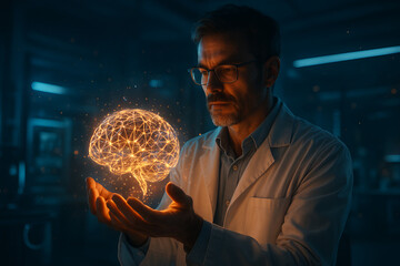 Scientist Holding Glowing Neural Network Brain Hologram