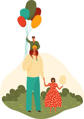 A vibrant family moment captured at a celebration, with a parent and children holding balloons and cotton candy, embodying joy, innocence, and the spirit of togetherness.