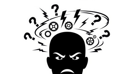 Angry person with questions and gears above head