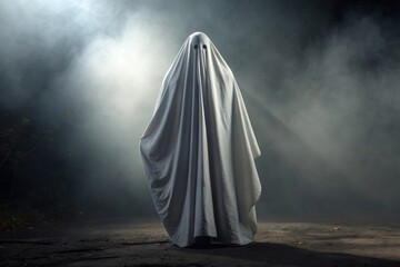 Haunting apparition abandoned forest cinematic scene eerie atmosphere low angle faceless ghost wrapped in gray cloth hovering above the ground