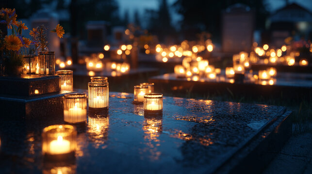 Flowers and lanterns in cemetery at twilight