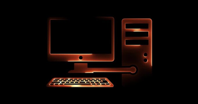 Glowing Orange and Green Computer Icon with Monitor Keyboard and Tower on Black Background