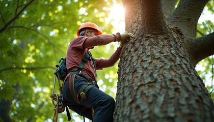Tree surgeon climbs large plant with safety harness and gear for trimming work. Man uses tools for branch pruning, ensuring tree health and urban green space management for property.