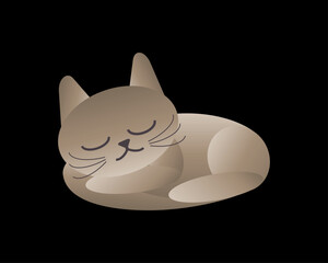 This vector illustration depicts a sleeping cat curled up in a relaxed pose, isolated against a solid black background, highlighting its peaceful and calm nature. Designed in beige and brown tones, th