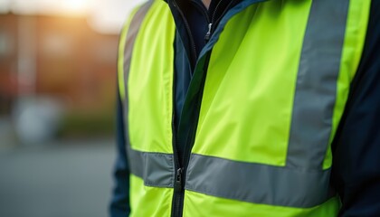 Worker wears bright neon yellow safety vest with reflective bands. Garment zipped up offers high visibility for road construction traffic control. Personal protective equipment keeps wearer safe.