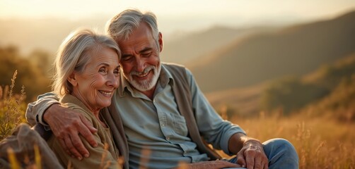 Senior couple hugs on nature outdoor. Aged man embraces woman on hills. Seniors enjoy time together. Old people shows affection in retire time on holidays shows love.