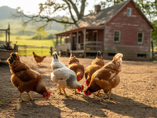 Chickens foraging in a farmyard with a red barn in the background