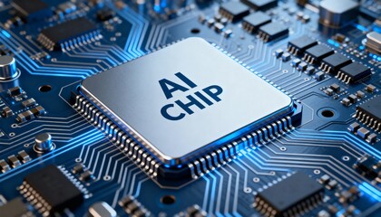 Macro shot of an "AI CHIP" installed on a futuristic, glowing blue printed circuit board, highlighting processing power and advanced technology.