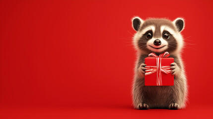 Smiling raccoon holding red gift box with striped ribbon on red background. Copy space