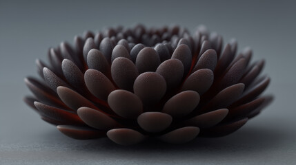 Dark succulent plant with textured petals arranged in circular pattern on gray surface, showcasing natural beauty and organic form