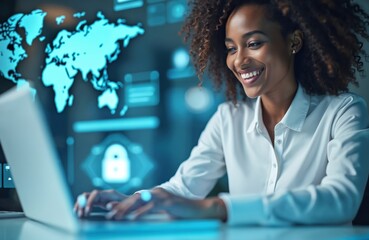 Smiling African woman works on laptop. Digital interface displays world map and lock icon. She engages in global business communication and cybersecurity.