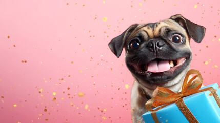 Happy pug with gift box and golden confetti on pink background. Copy space