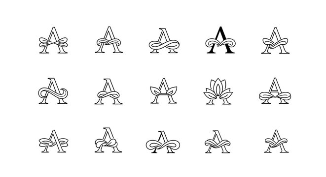 Collection of stylized letter A monograms with elegant decorative elements like bows, infinity symbols, and floral motifs, presented in a clean white outline on a black background, perfect for