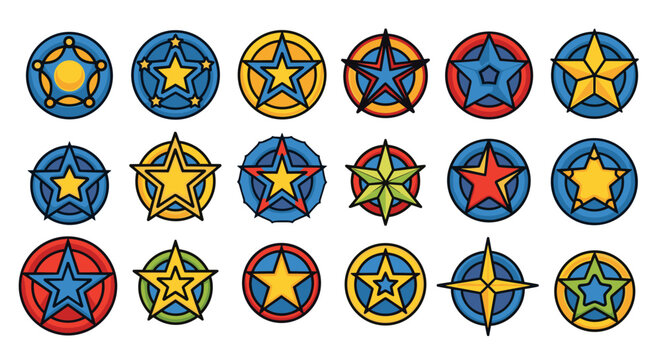 Collection of 18 stylized star icons in circular badges, featuring vibrant colors like blue, yellow, red, and green, with bold outlines, suitable for graphic design, emblems, awards, and superhero
